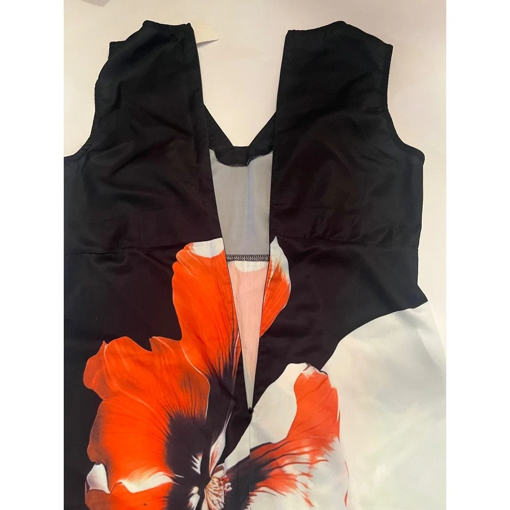 Woman's Sleeveless V-Neck Dress Floral Orange‎ Black White Size Large